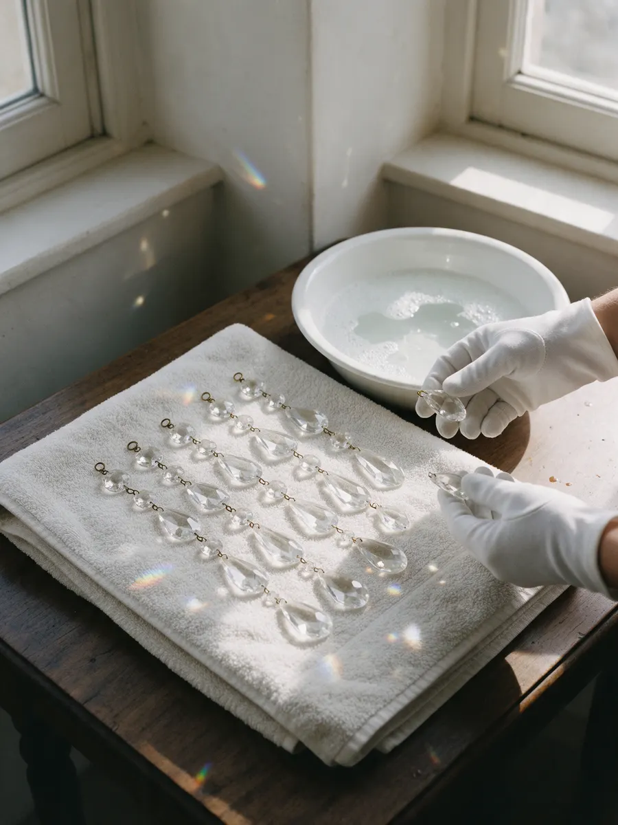 Crystal prisms laid out in rows on a towel beside a basin of soapy water, gloved hands washing one.
