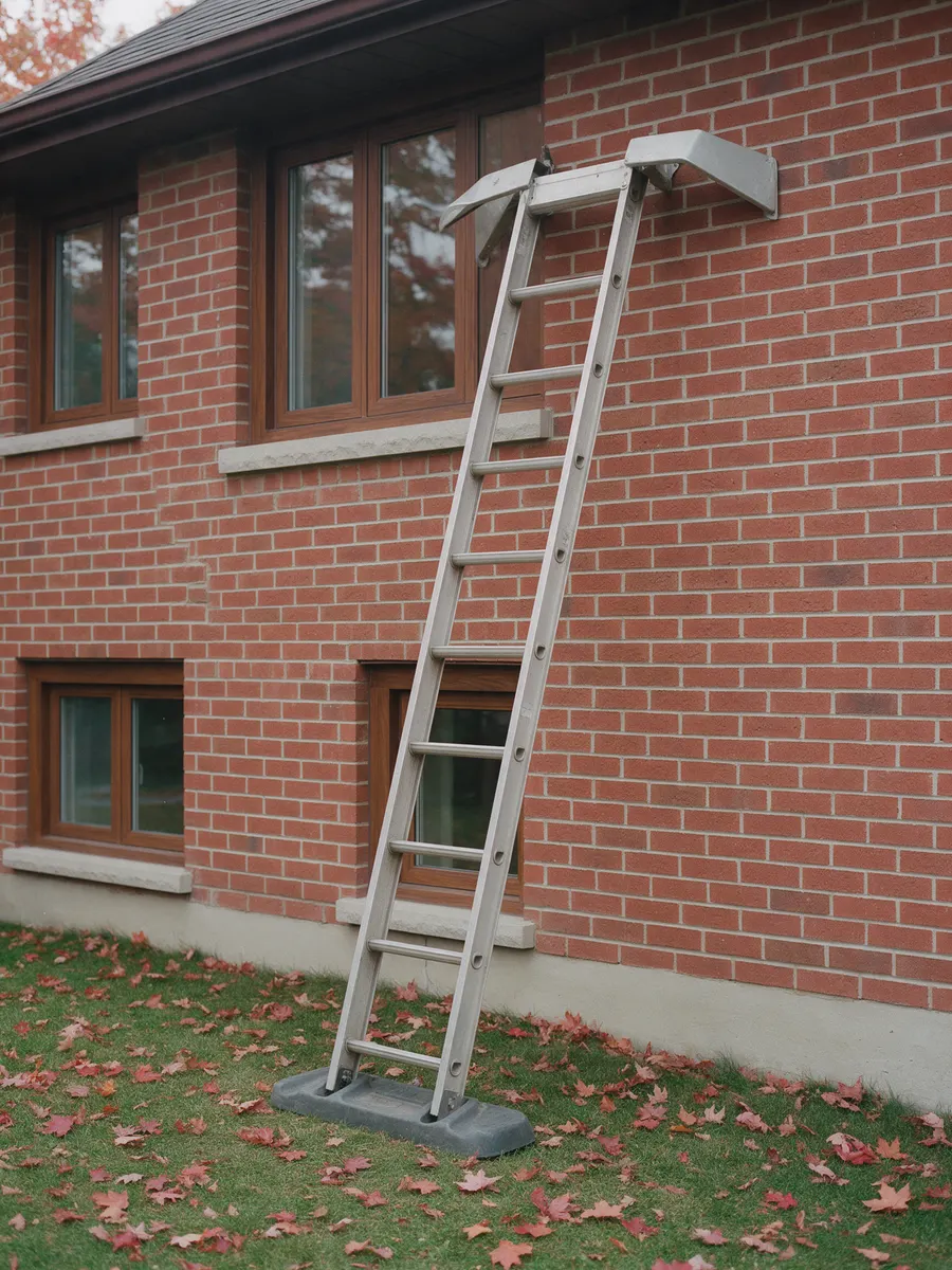 An extension ladder with a stabilizer against a red-brick house beside a second-storey window.